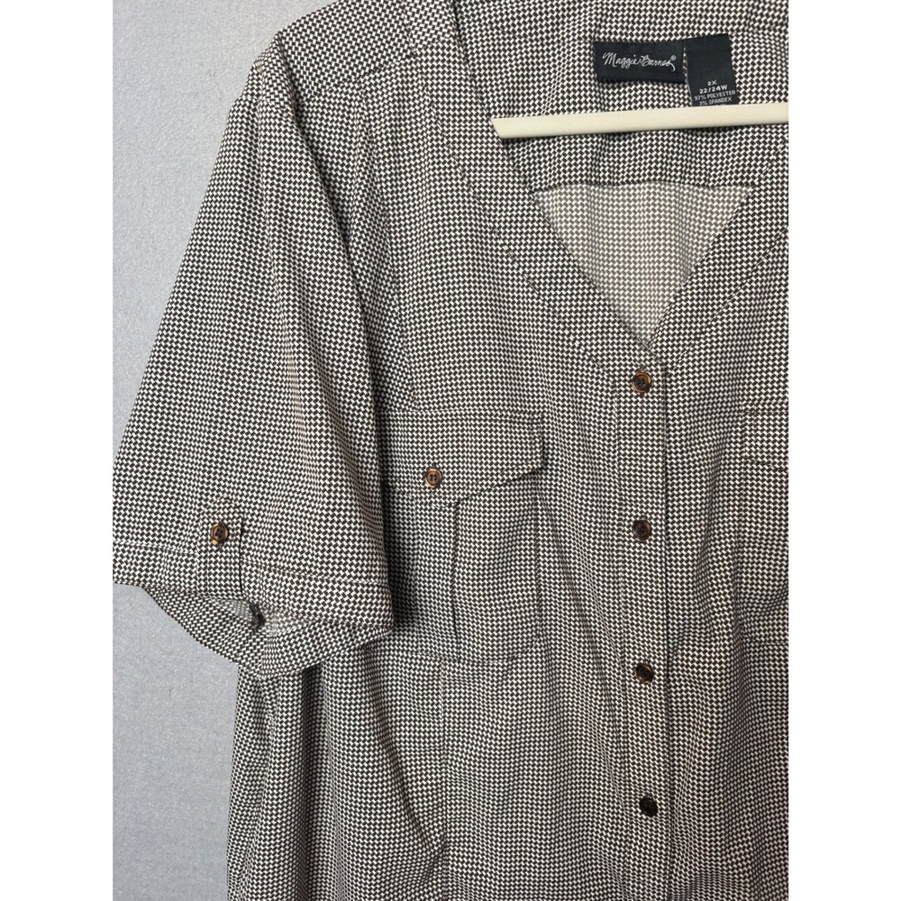 Maggie Barnes Button Up Shirt Womens 2X Houndstooth Short Sleeve Pocket Blouse